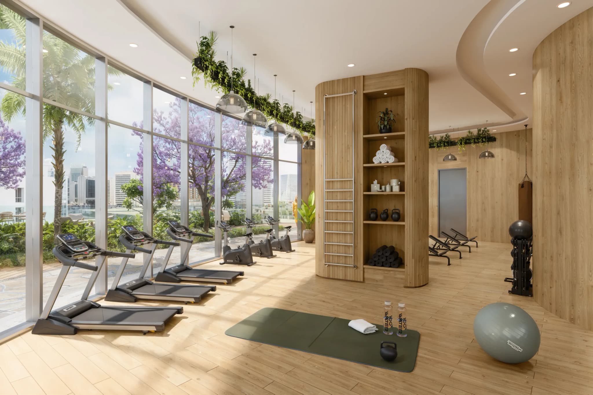Fitness centre with treadmills and city views at Waterfront by Missoni, Shams Abu Dhabi, Al Reem Island