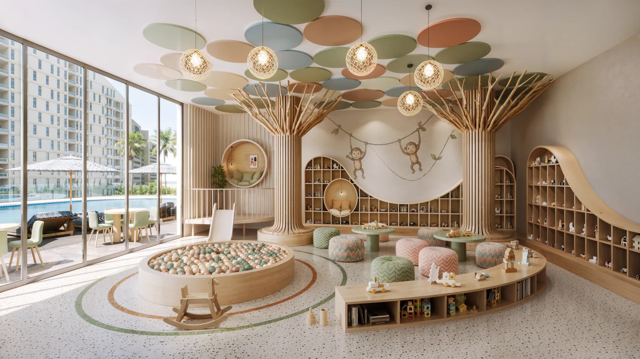 Kids room with a ball pit and timber play trees at Waterfront by Missoni, Shams Abu Dhabi, Al Reem Island
