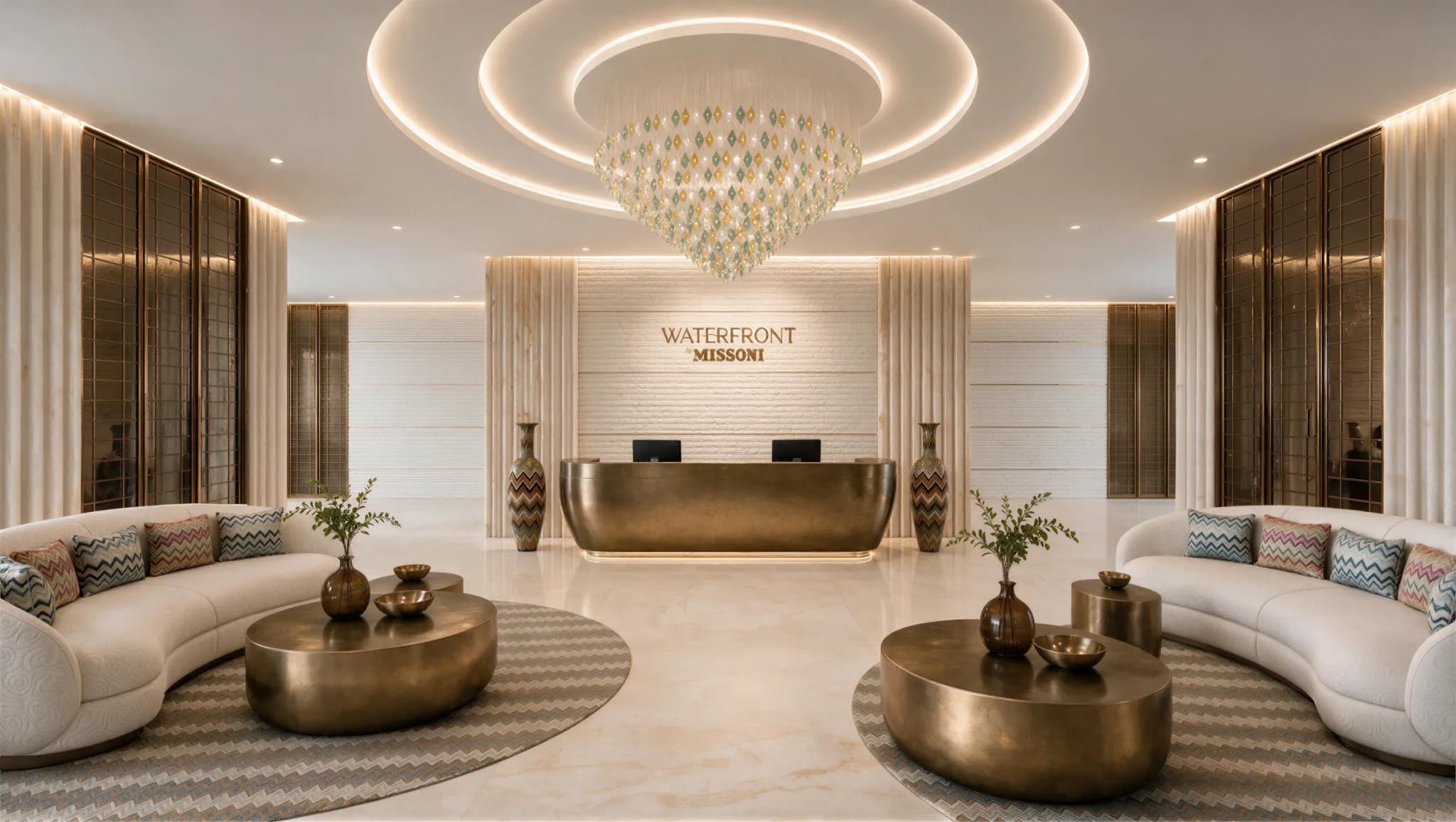Lobby reception with a bronze desk and crystal chandelier at Waterfront by Missoni, Shams Abu Dhabi, Al Reem Island