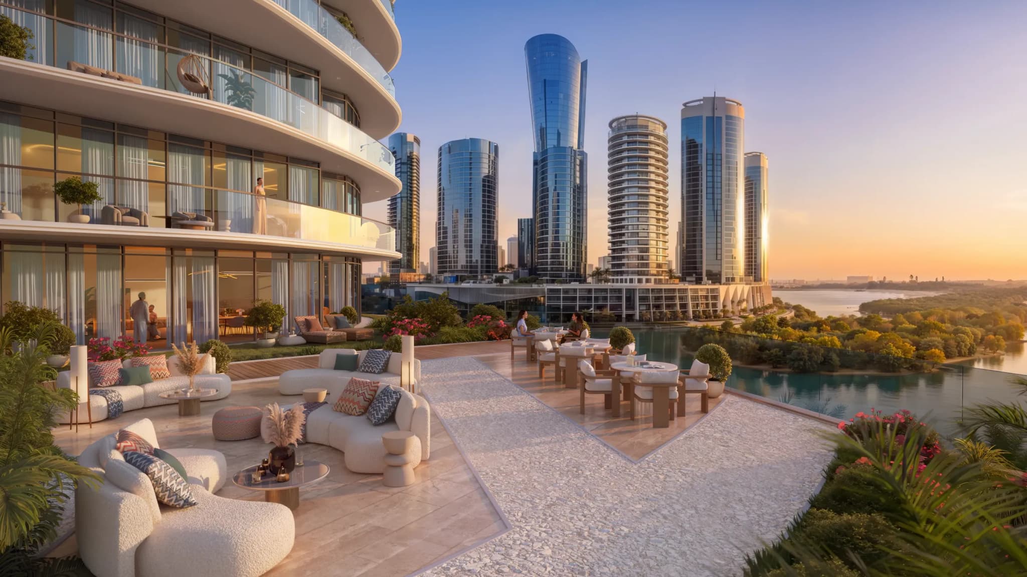 Public terrace at sunset at Waterfront by Missoni, Shams Abu Dhabi, Al Reem Island