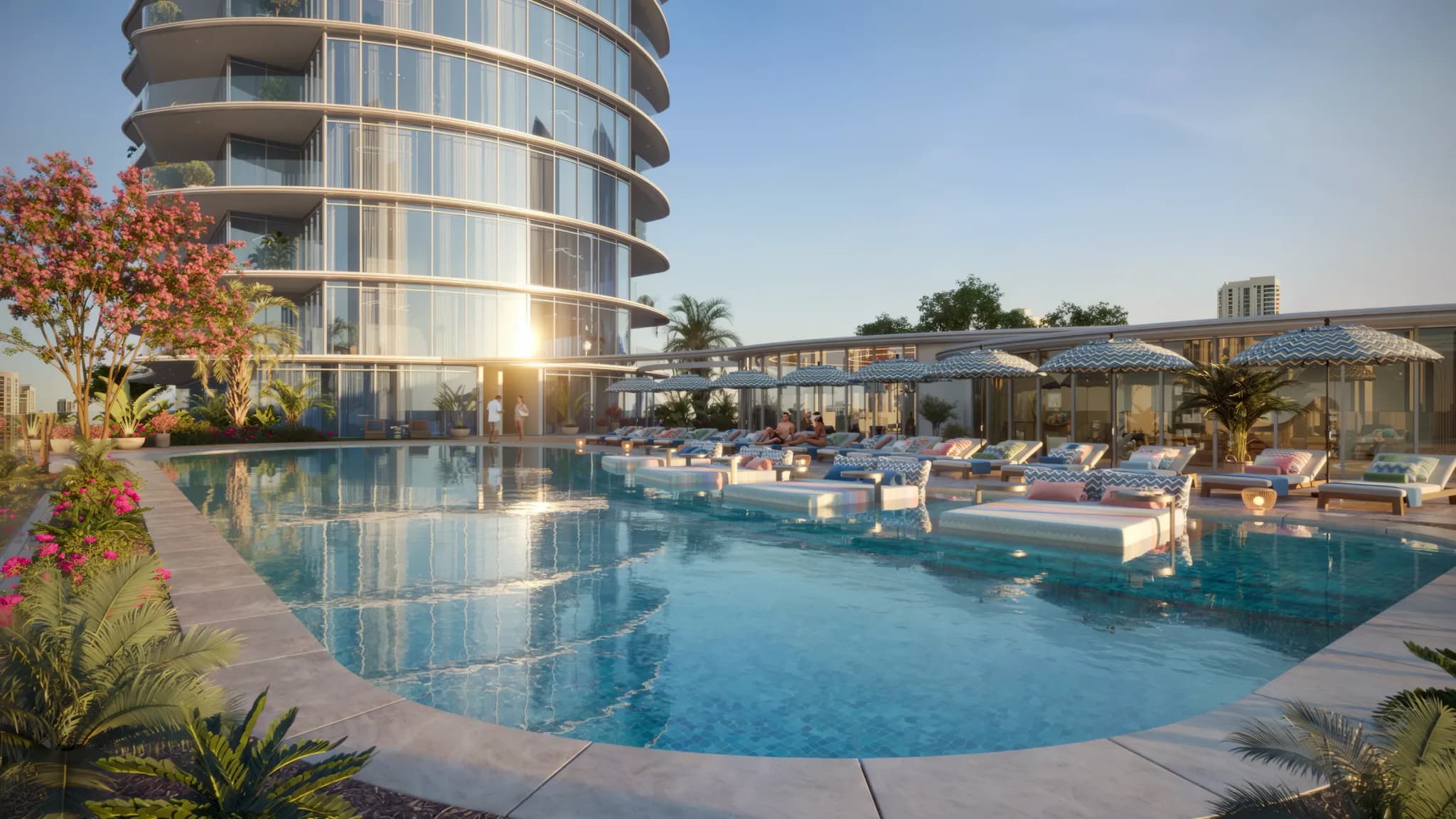 Swimming pool and loungers on the amenity deck at Waterfront by Missoni, Shams Abu Dhabi, Al Reem Island
