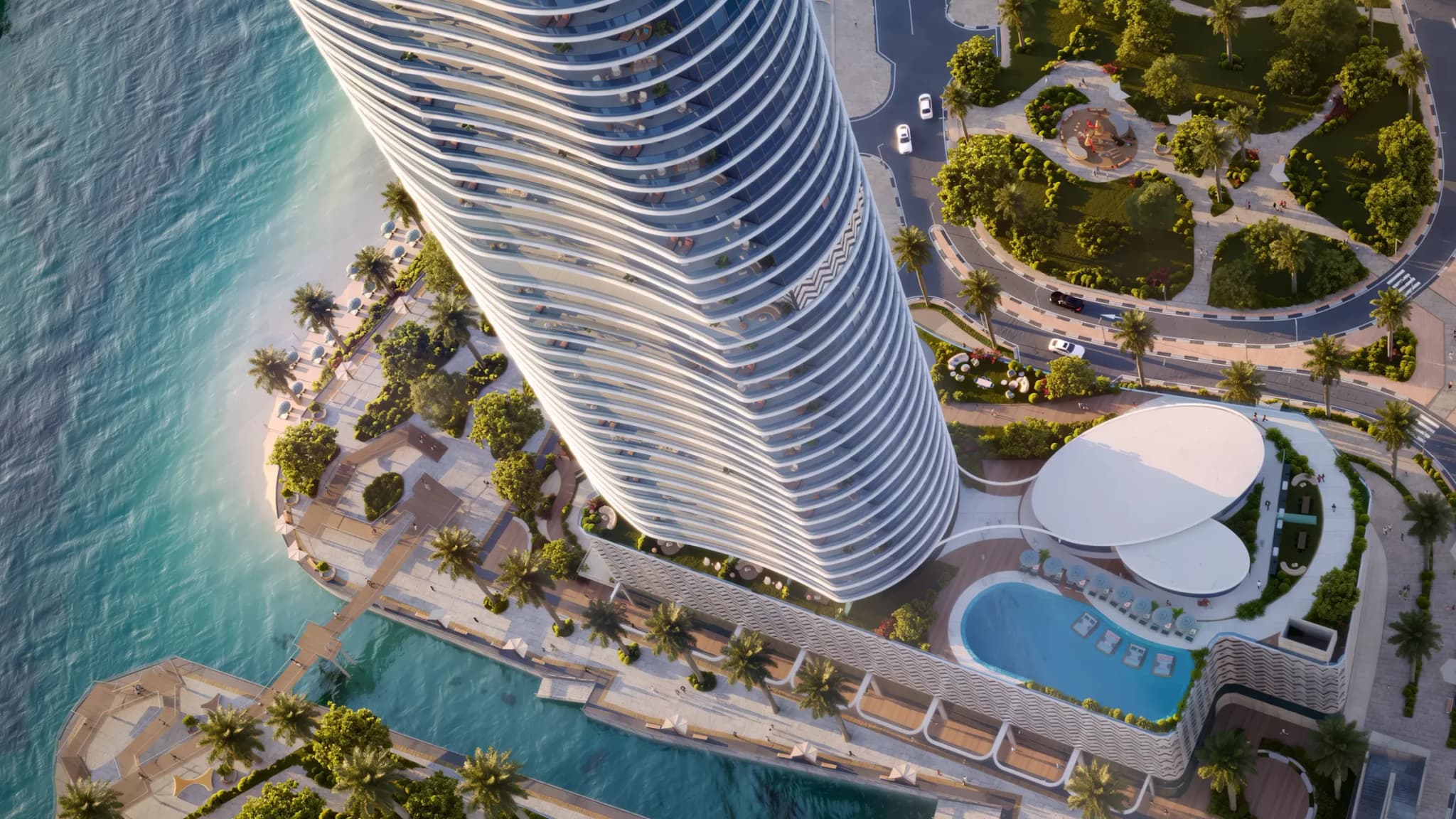 Top-down view of the Waterfront by Missoni tower, beach and pool deck at Shams Abu Dhabi, Al Reem Island