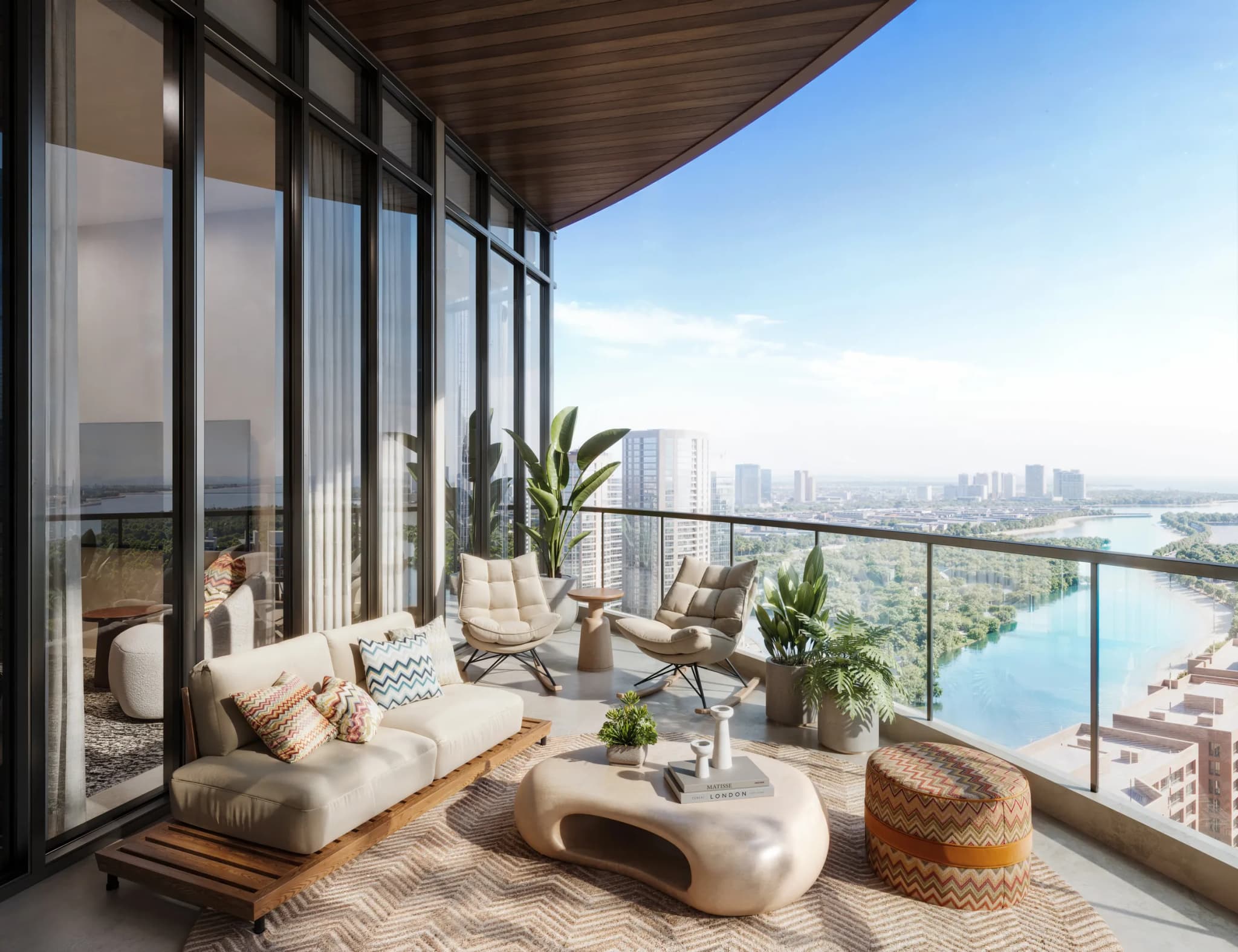 Five-bedroom penthouse balcony lounge with canal and sea views at Waterfront by Missoni, Shams Abu Dhabi, Al Reem Island