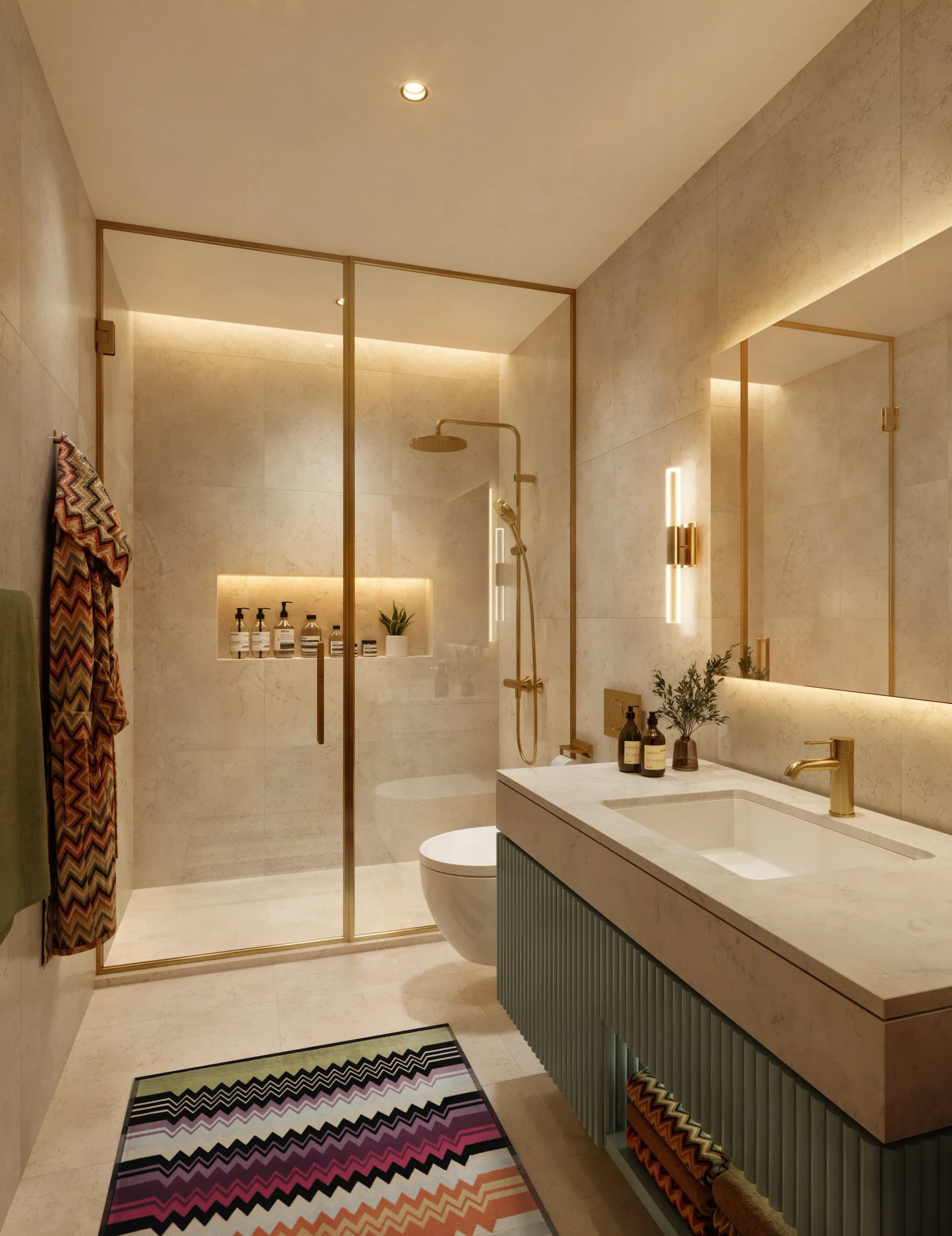 Bathroom with a glass shower, fluted vanity and Missoni rug at Waterfront by Missoni, Shams Abu Dhabi, Al Reem Island