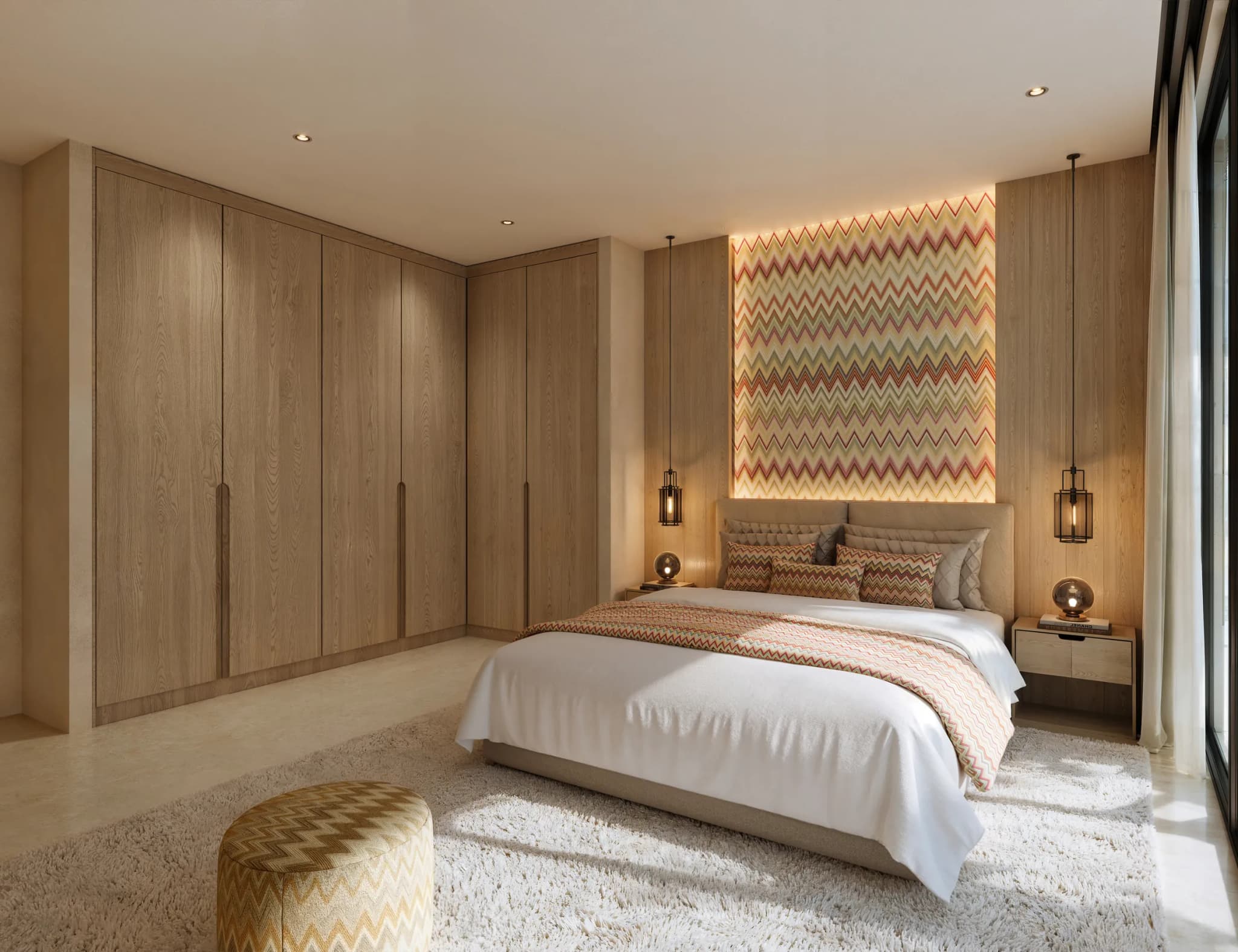 One-bedroom residence bedroom with fitted oak wardrobes at Waterfront by Missoni, Shams Abu Dhabi, Al Reem Island
