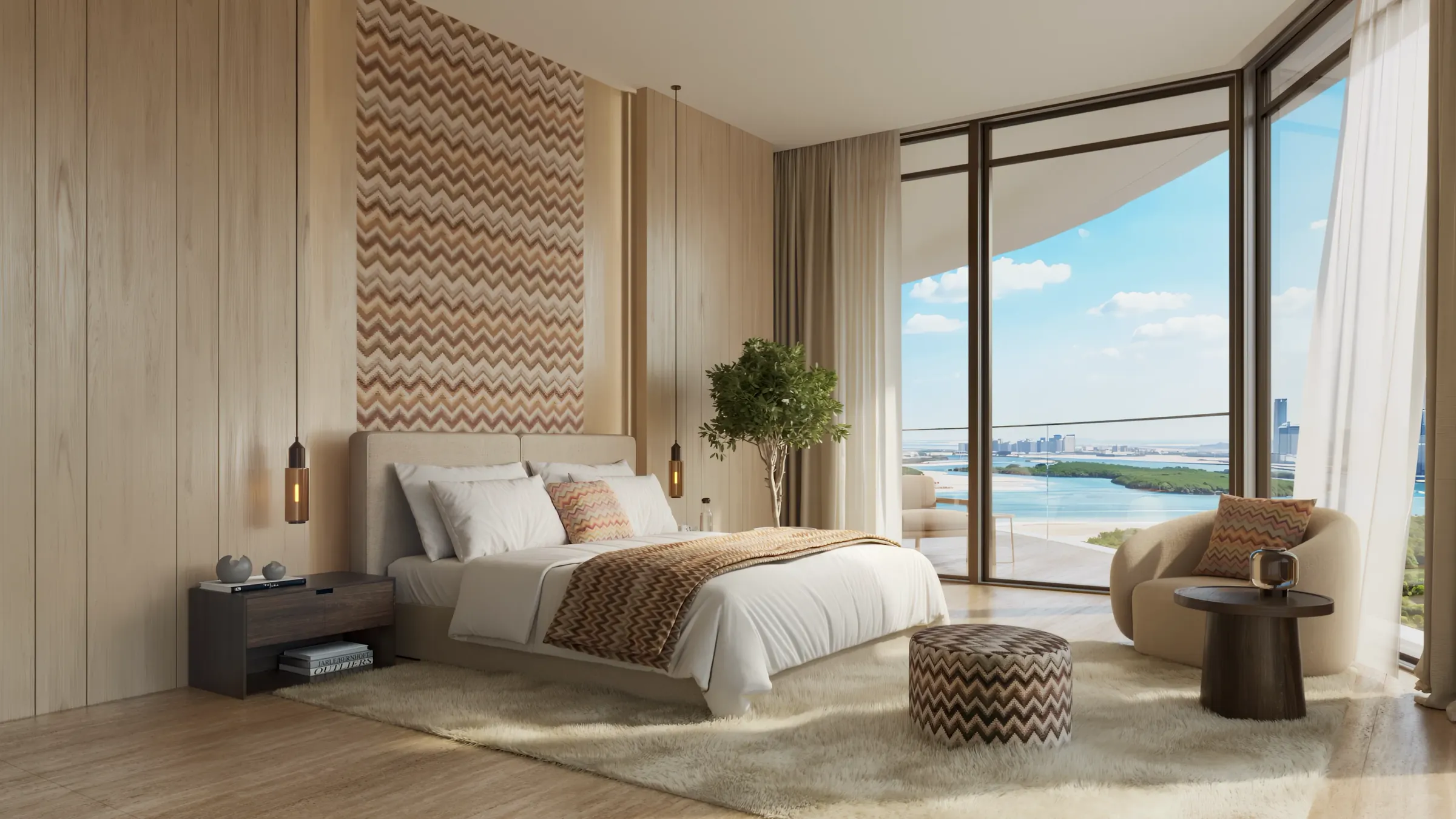 Two-bedroom residence bedroom with floor-to-ceiling glazing and a sea view at Waterfront by Missoni, Shams Abu Dhabi, Al Reem Island