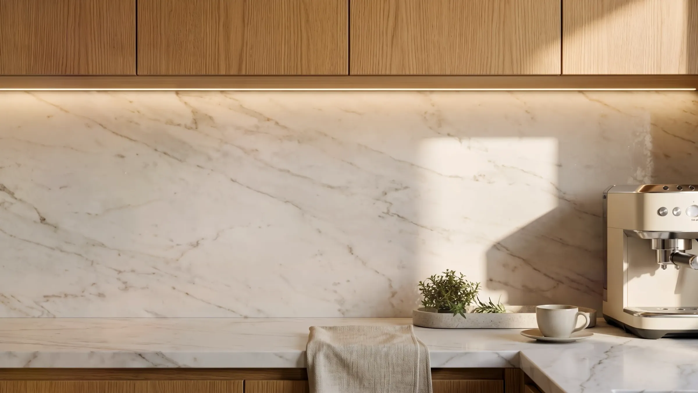 Marble kitchen counter and oak cabinets at Waterfront by Missoni, Shams Abu Dhabi, Al Reem Island