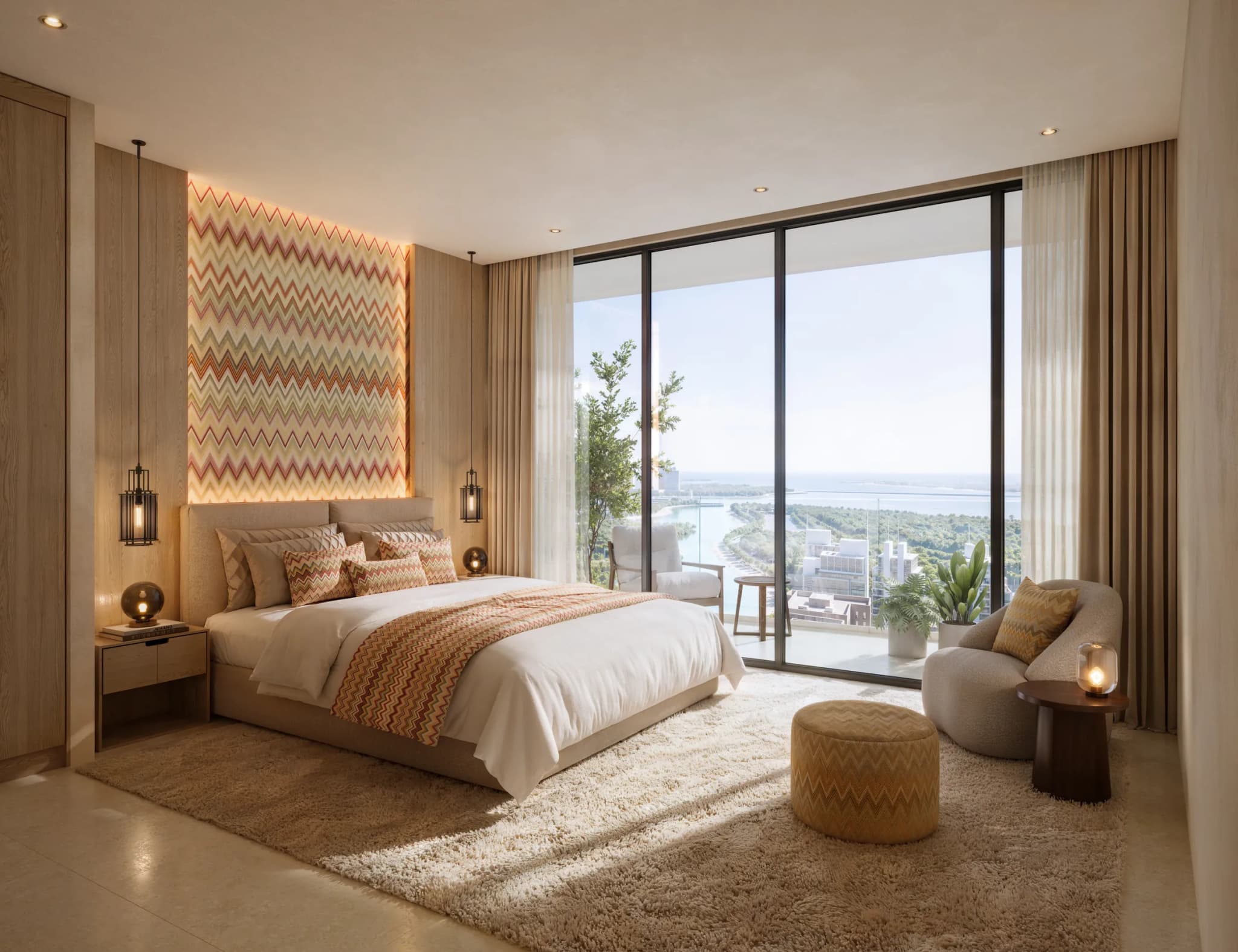 Three-bedroom residence master bedroom with a lit zigzag headboard at Waterfront by Missoni, Shams Abu Dhabi, Al Reem Island