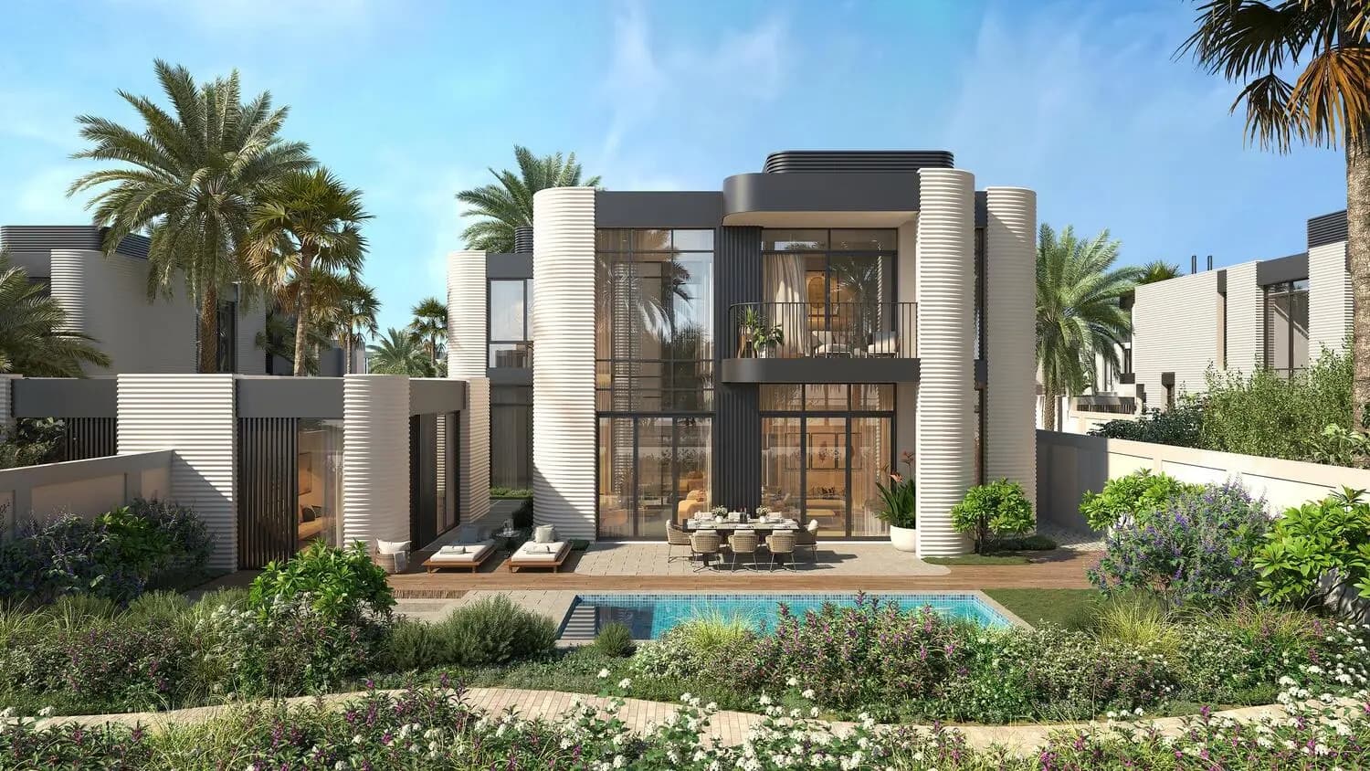 Private backyard pool and patio dining at a Yas Riva Reserve villa on Yas Island, Abu Dhabi