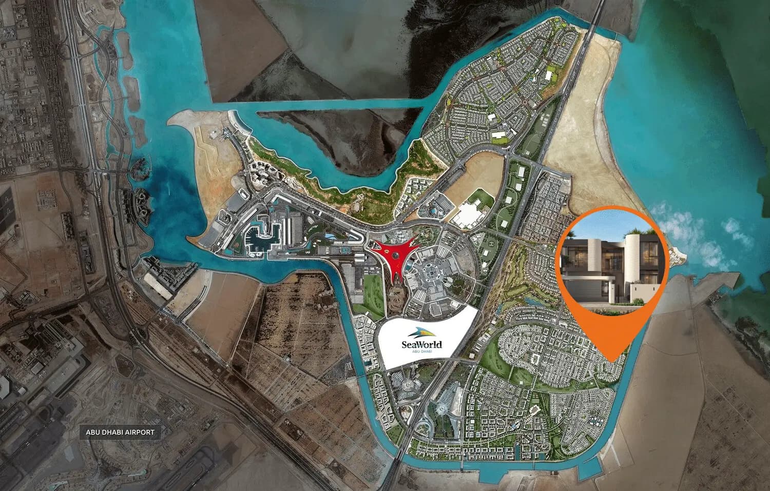 Aerial location map of Yas Riva Reserve on the north-east side of Yas Island, Abu Dhabi, adjacent to Yas Acres near SeaWorld and Ferrari World