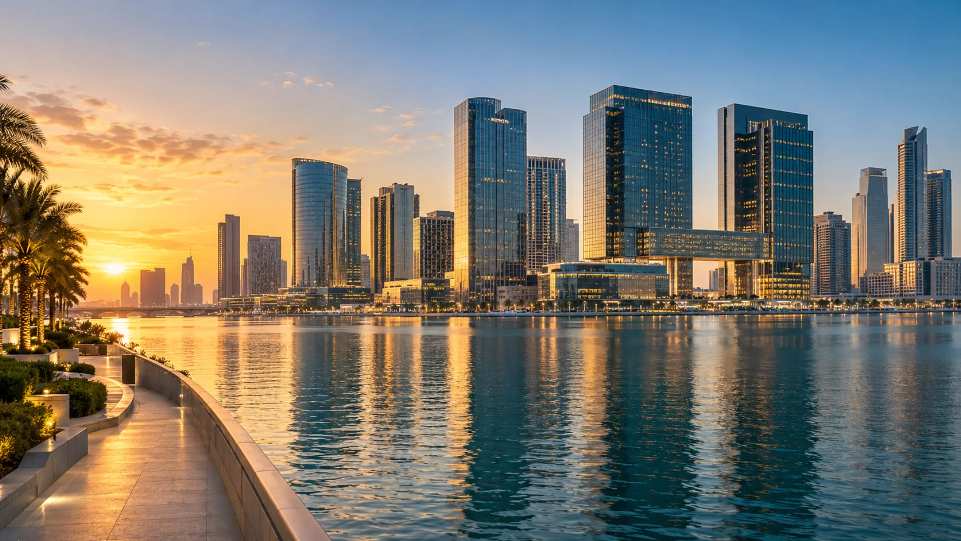 Al Maryah Island waterfront and financial district skyline in Abu Dhabi
