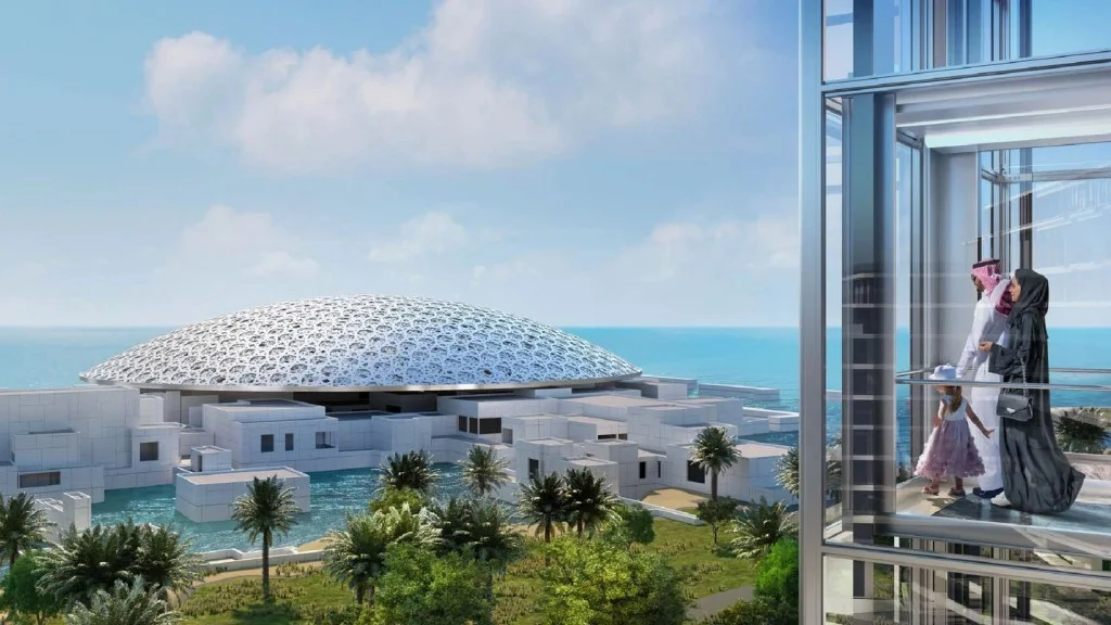 Louvre Abu Dhabi and Saadiyat Cultural District viewed from a Saadiyat Island residence, Abu Dhabi