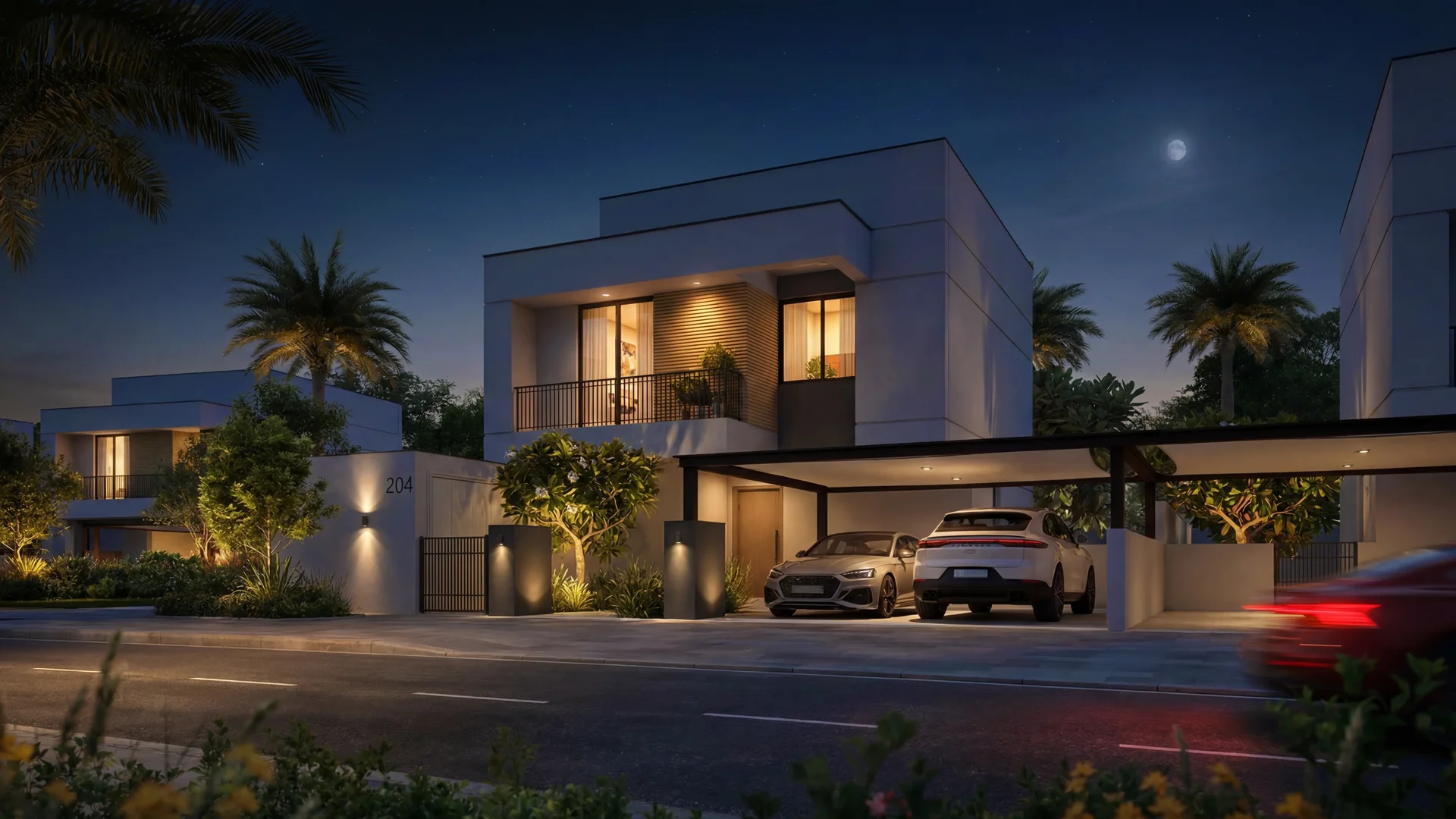 Aerial render of Al Ghadeer community villas and landscaped streets in Abu Dhabi