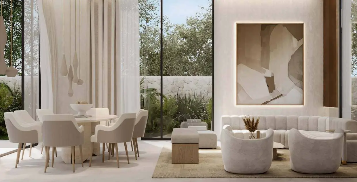 Al Naseem villa dining and living space with garden windows by Modon, Hudayriyat Island, Abu Dhabi