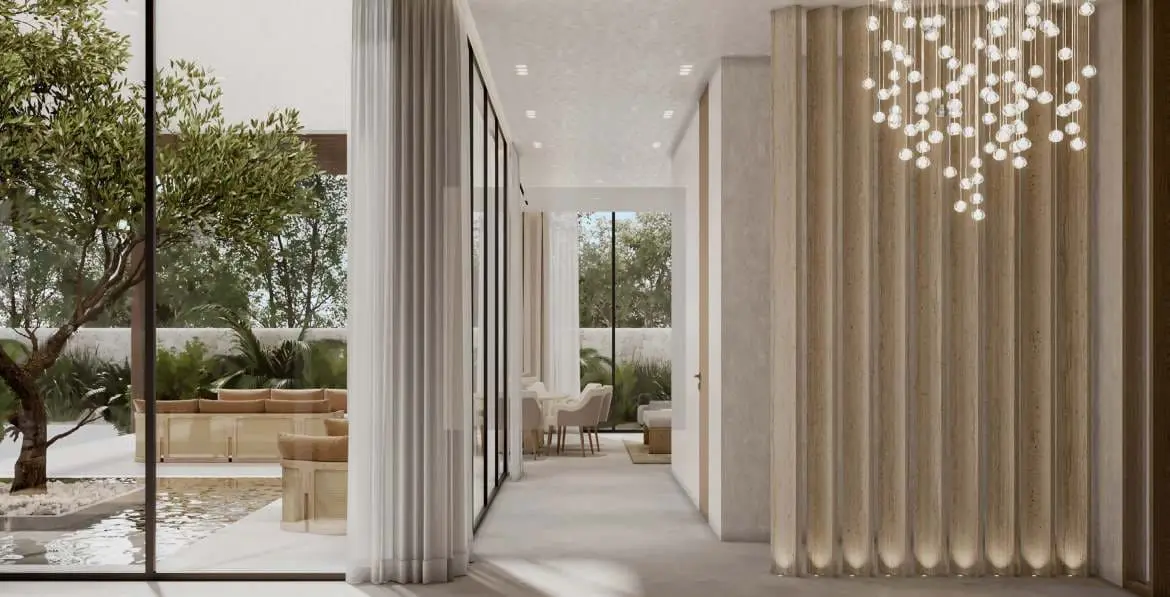 Al Naseem villa entrance hall with courtyard and fluted timber wall by Modon, Hudayriyat Island, Abu Dhabi