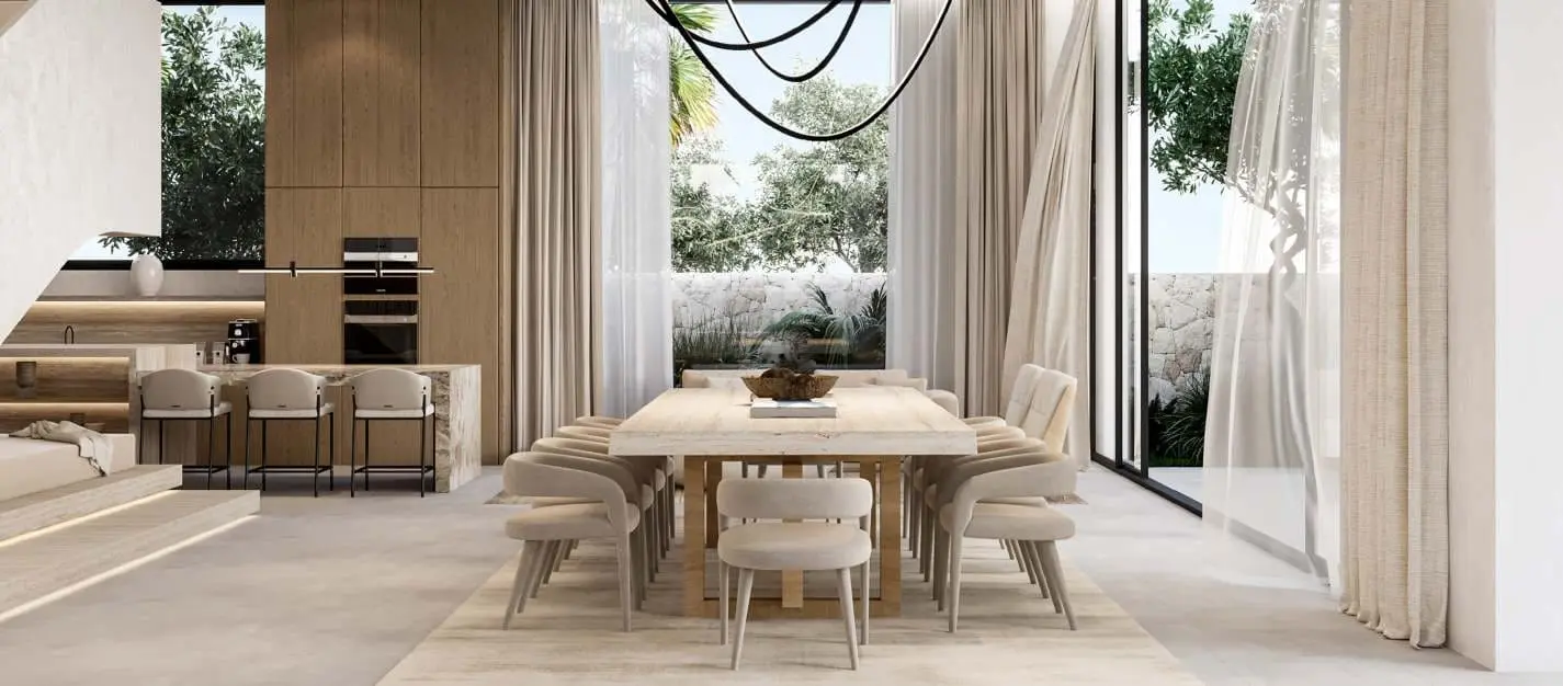 Al Naseem villa formal dining table and kitchen bar by Modon, Hudayriyat Island, Abu Dhabi