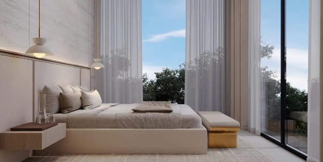 Al Naseem villa guest bedroom with garden views by Modon, Hudayriyat Island, Abu Dhabi