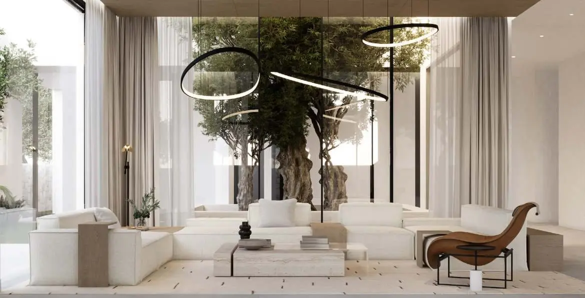 Al Naseem villa living room facing an olive courtyard by Modon, Hudayriyat Island, Abu Dhabi