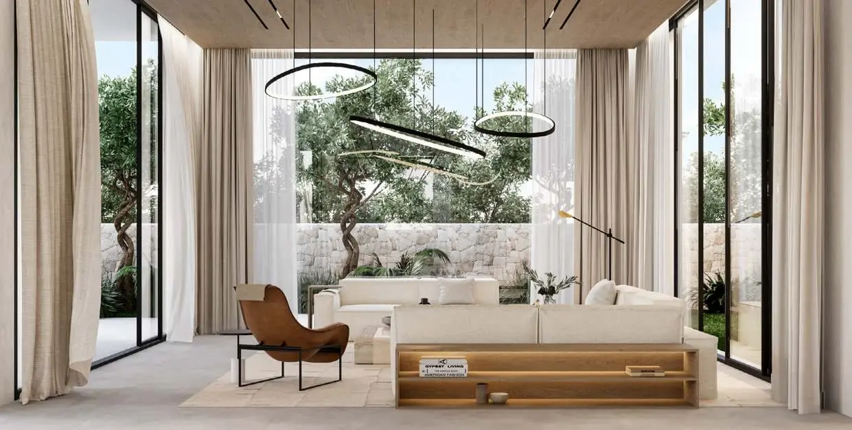 Al Naseem villa living room opening to a garden courtyard by Modon, Hudayriyat Island, Abu Dhabi