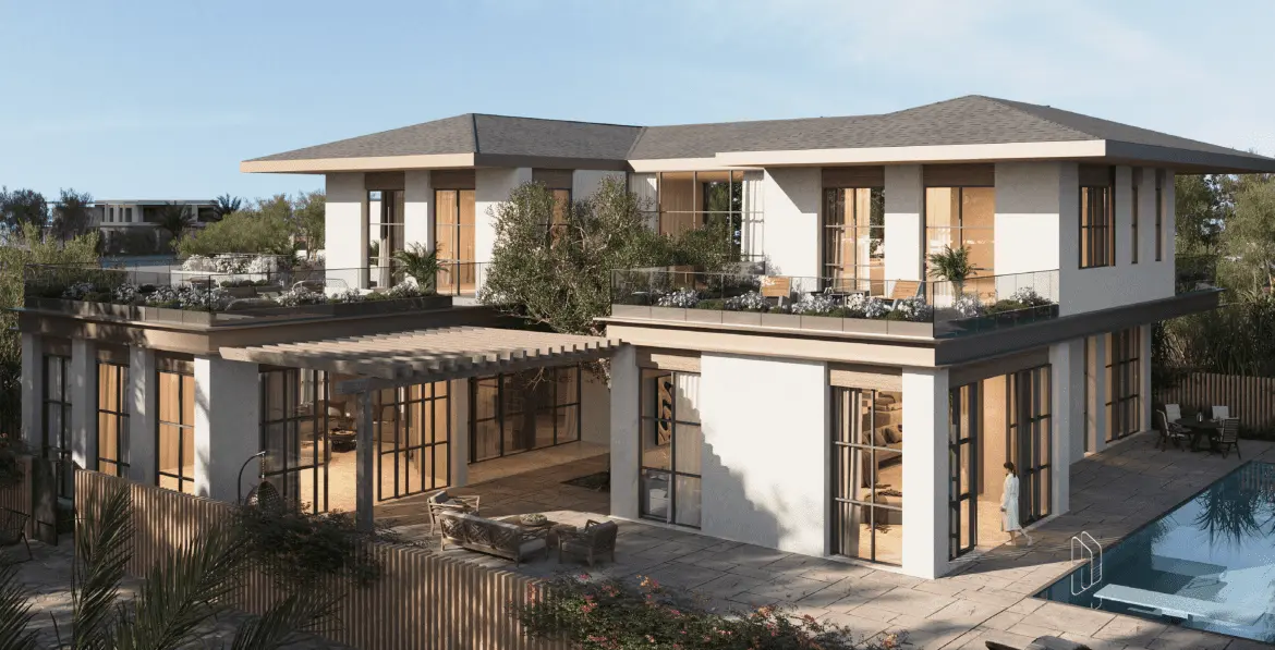 Al Naseem Villas pool terrace with pergola wing by Modon, Hudayriyat Island, Abu Dhabi