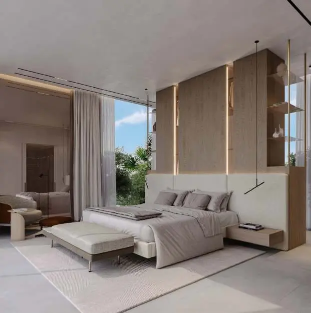 Al Naseem villa primary bedroom with oak headboard wall by Modon, Hudayriyat Island, Abu Dhabi