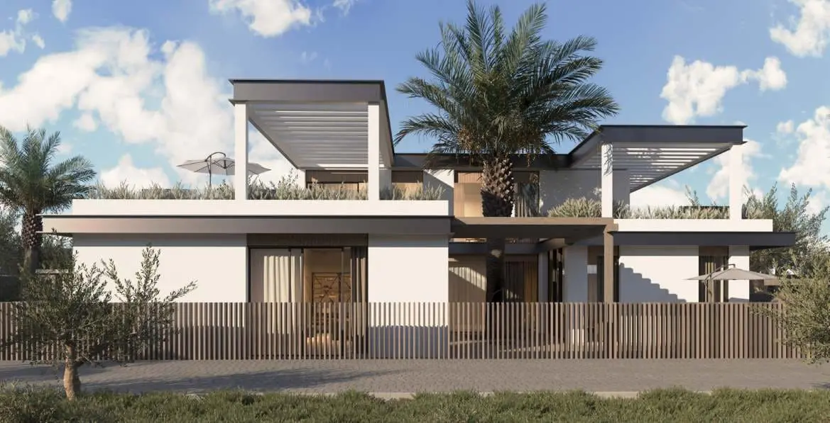 Al Naseem villa rear garden elevation with rooftop pergolas by Modon, Hudayriyat Island, Abu Dhabi