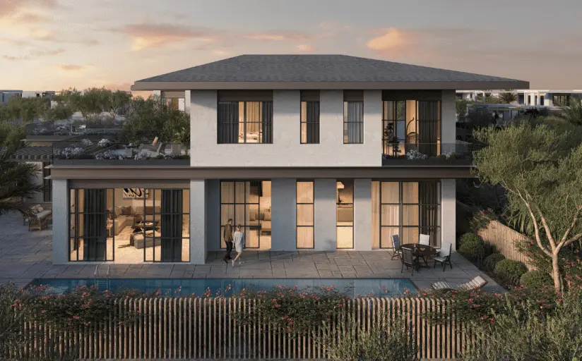 Al Naseem villa rear elevation with private pool at dusk by Modon, Hudayriyat Island, Abu Dhabi