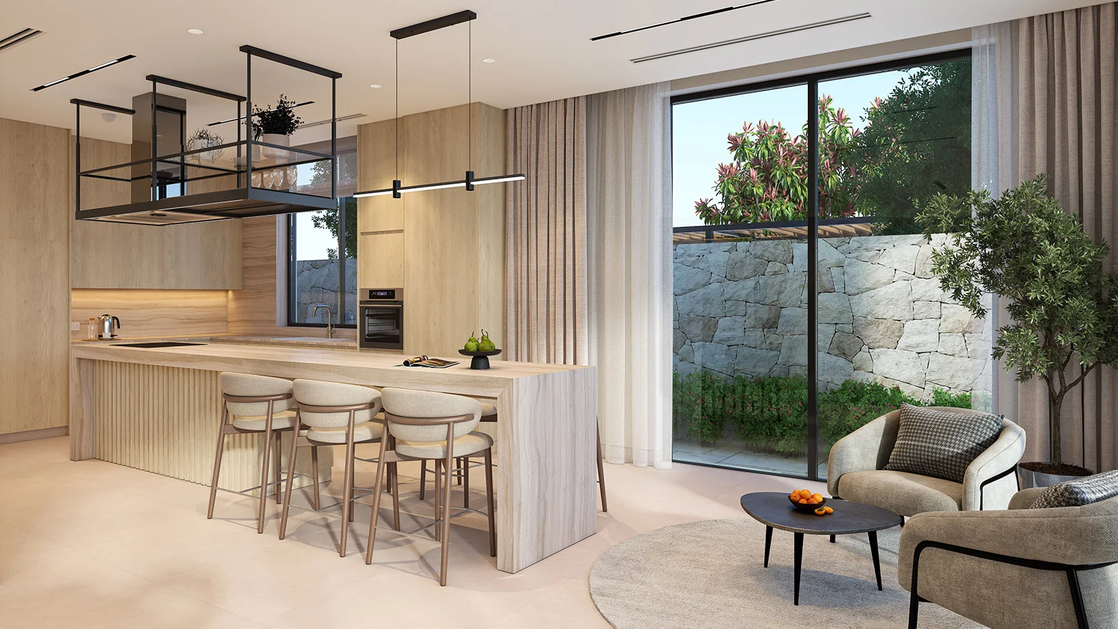 Al Naseem Villas show kitchen and lounge by Modon, Hudayriyat Island, Abu Dhabi