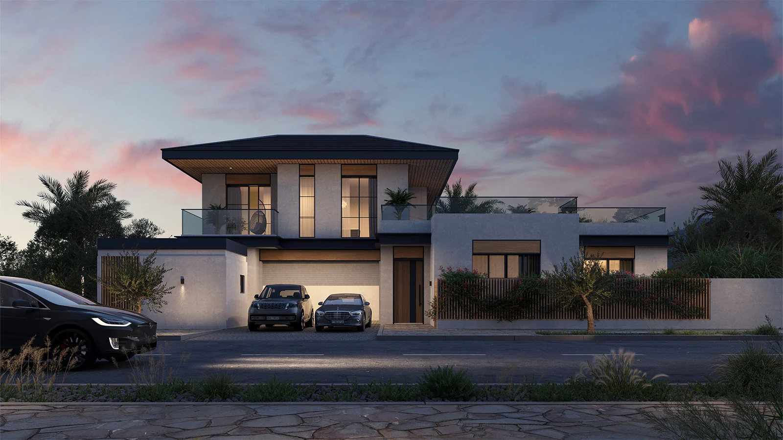 South Californian Al Naseem Villas street elevation at dusk by Modon, Hudayriyat Island, Abu Dhabi