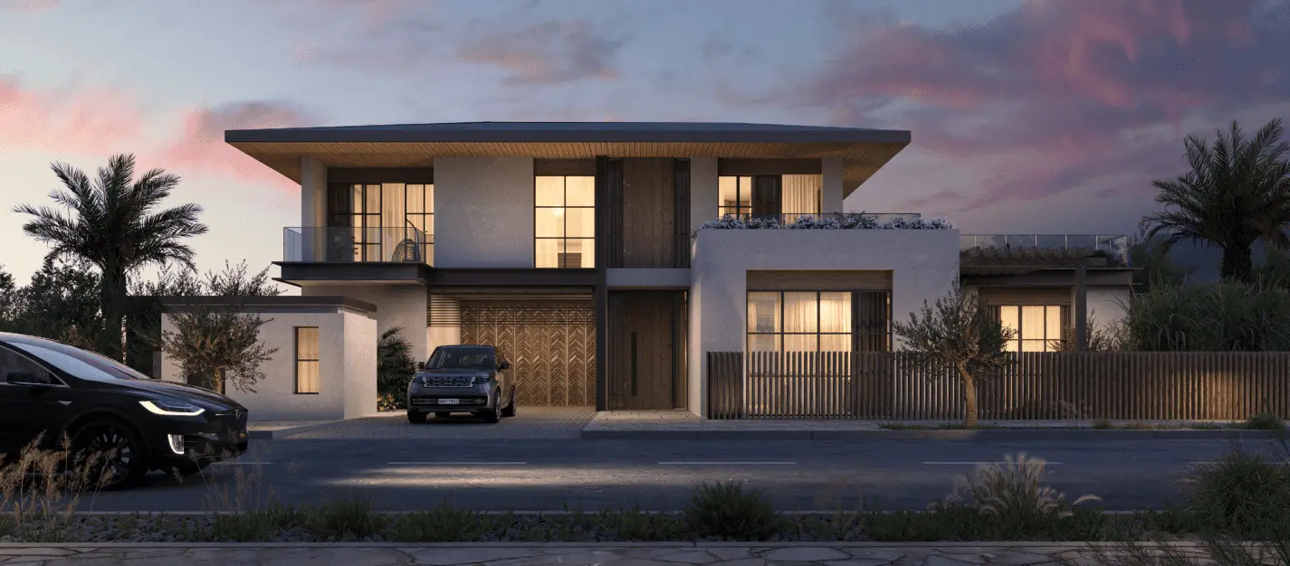 South Californian Al Naseem villa with garage and street parking at dusk on Hudayriyat Island, Abu Dhabi