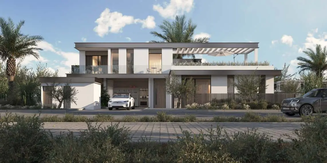 Modern Contemporary Al Naseem villa street frontage with rooftop terrace by Modon, Hudayriyat Island, Abu Dhabi