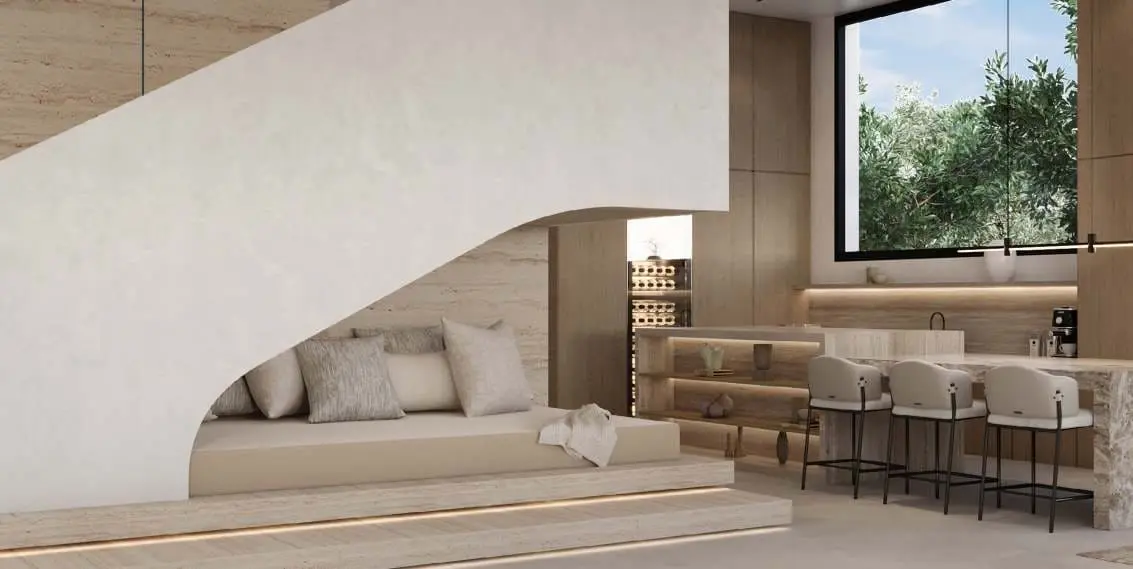 Al Naseem villa under-stair daybed and kitchen bar by Modon, Hudayriyat Island, Abu Dhabi