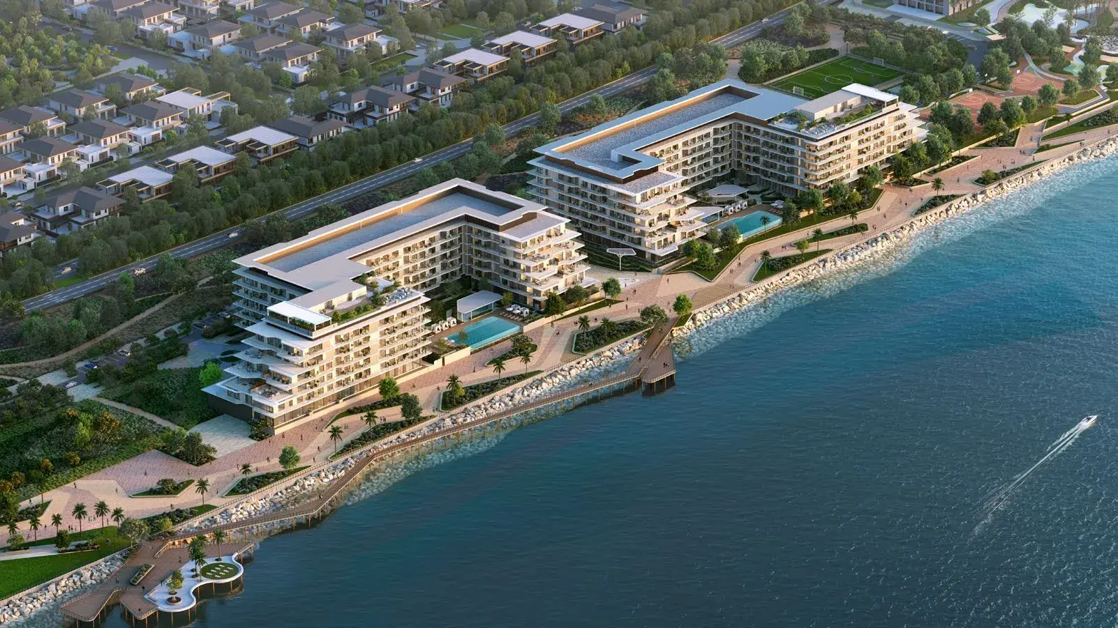Aerial view of Bashayer Residences and waterfront promenade on Hudayriyat Island, Abu Dhabi by Modon