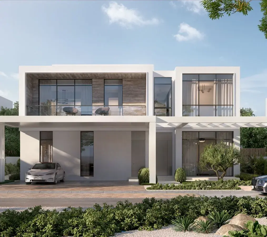Bashayer Select Villa exterior with balcony and carport on Hudayriyat Island, Abu Dhabi by Modon