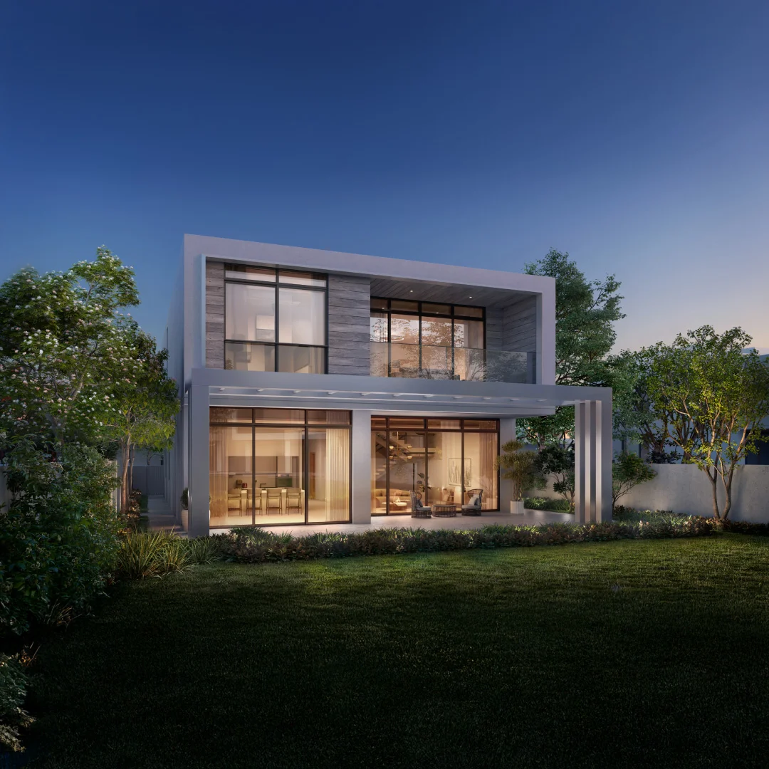 Bashayer Select Villa exterior at dusk with illuminated interiors on Hudayriyat Island, Abu Dhabi by Modon