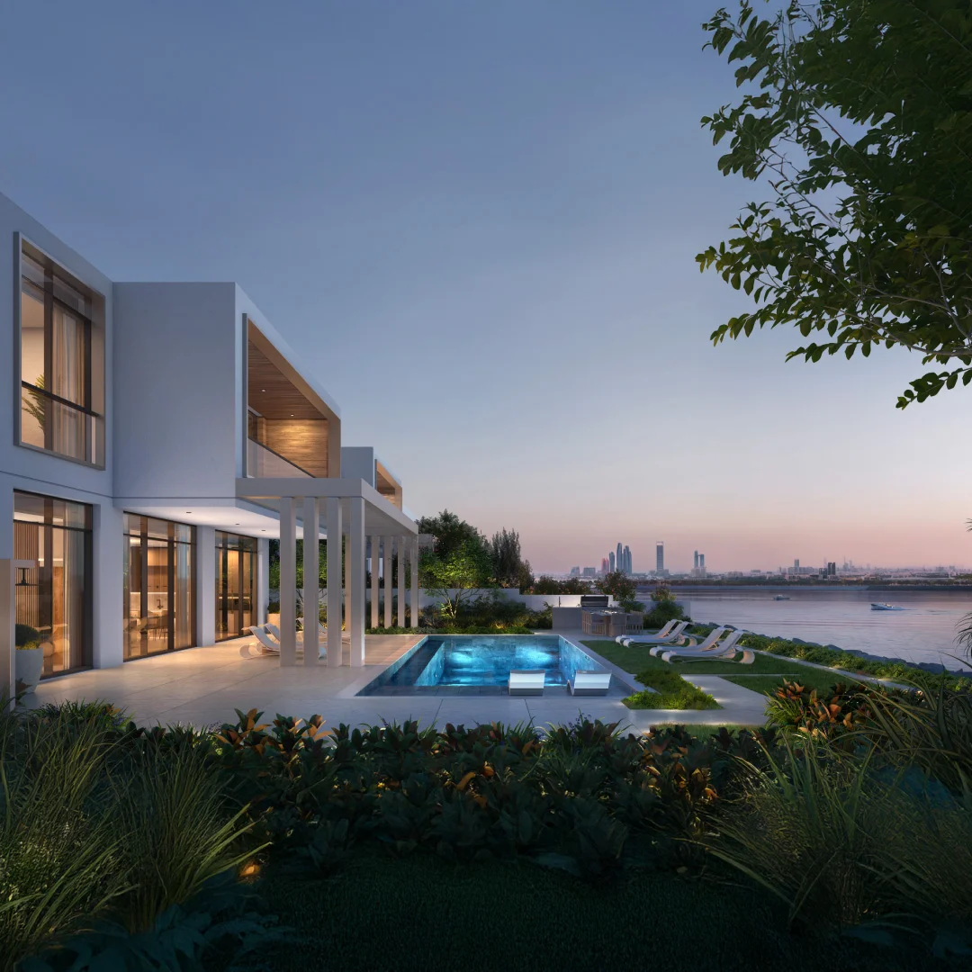 Bashayer Shore Villa private pool terrace at dusk with Abu Dhabi skyline on Hudayriyat Island by Modon