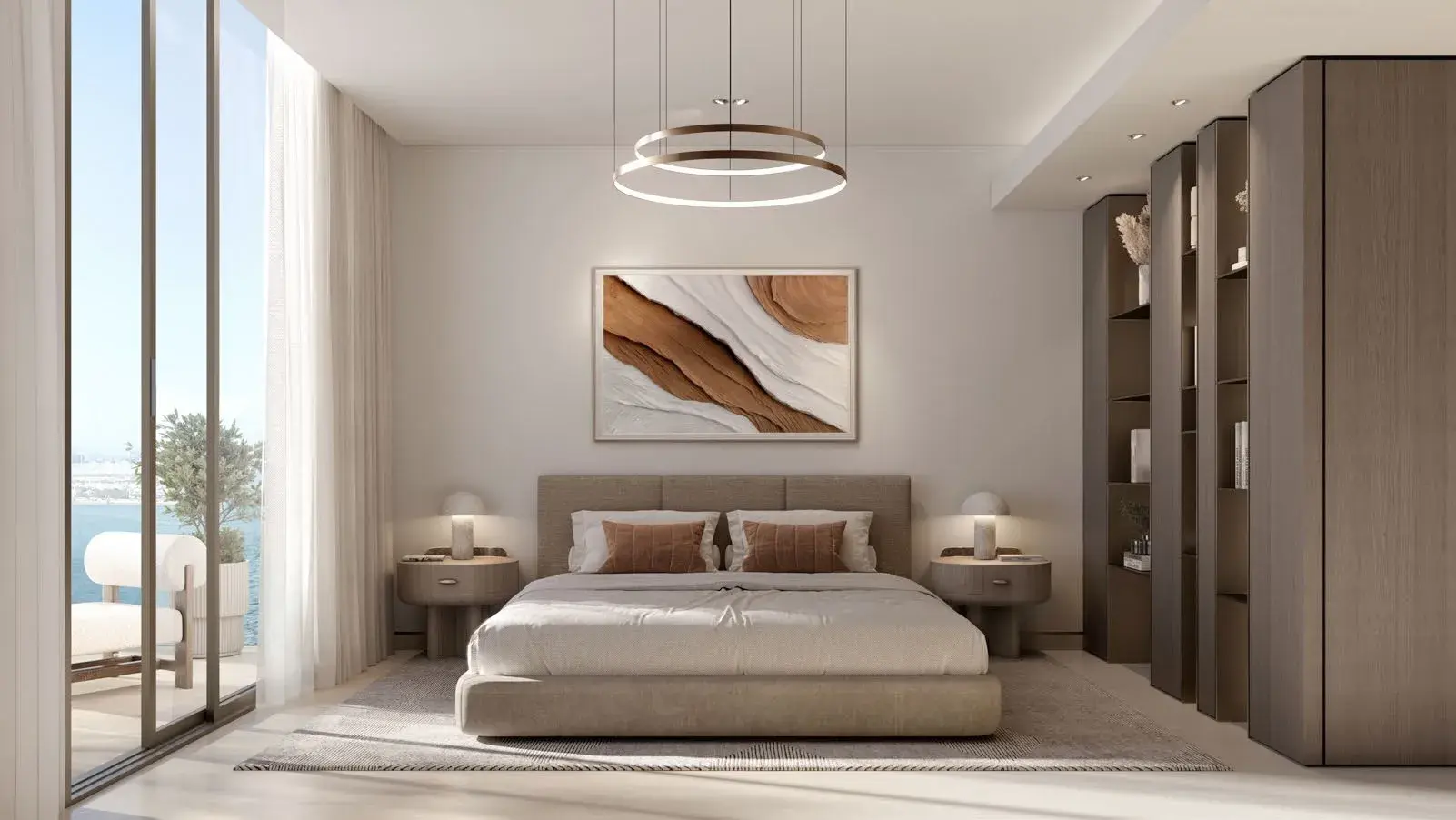 Master bedroom with terrace view in a Bashayer villa on Hudayriyat Island, Abu Dhabi by Modon