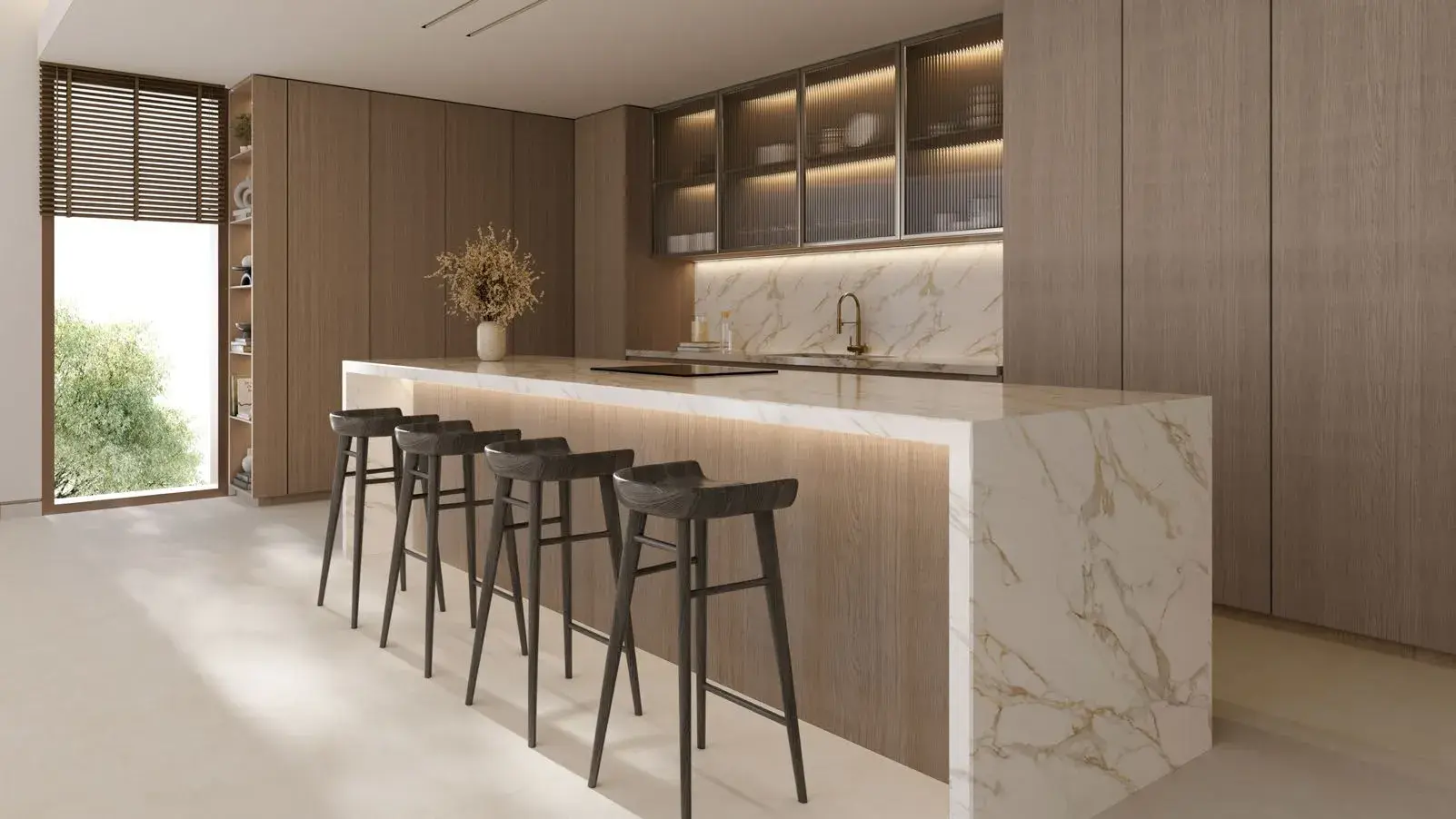 Luxury kitchen with marble island in a Bashayer Select Villa on Hudayriyat Island, Abu Dhabi by Modon