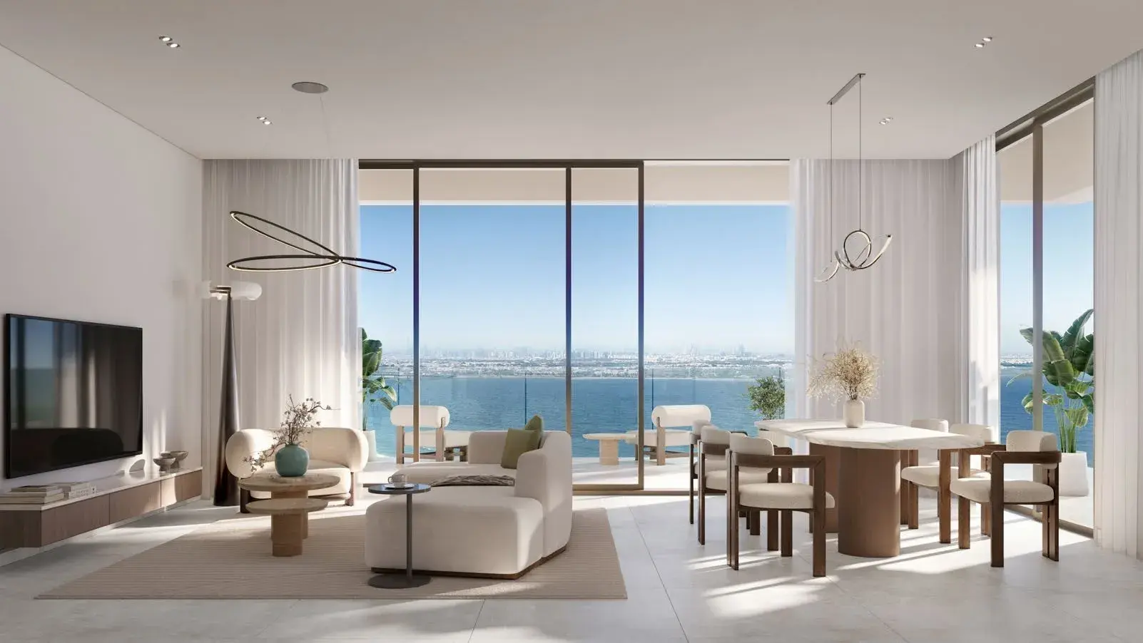Open-plan living and dining room in a Bashayer villa on Hudayriyat Island, Abu Dhabi with panoramic sea views by Modon