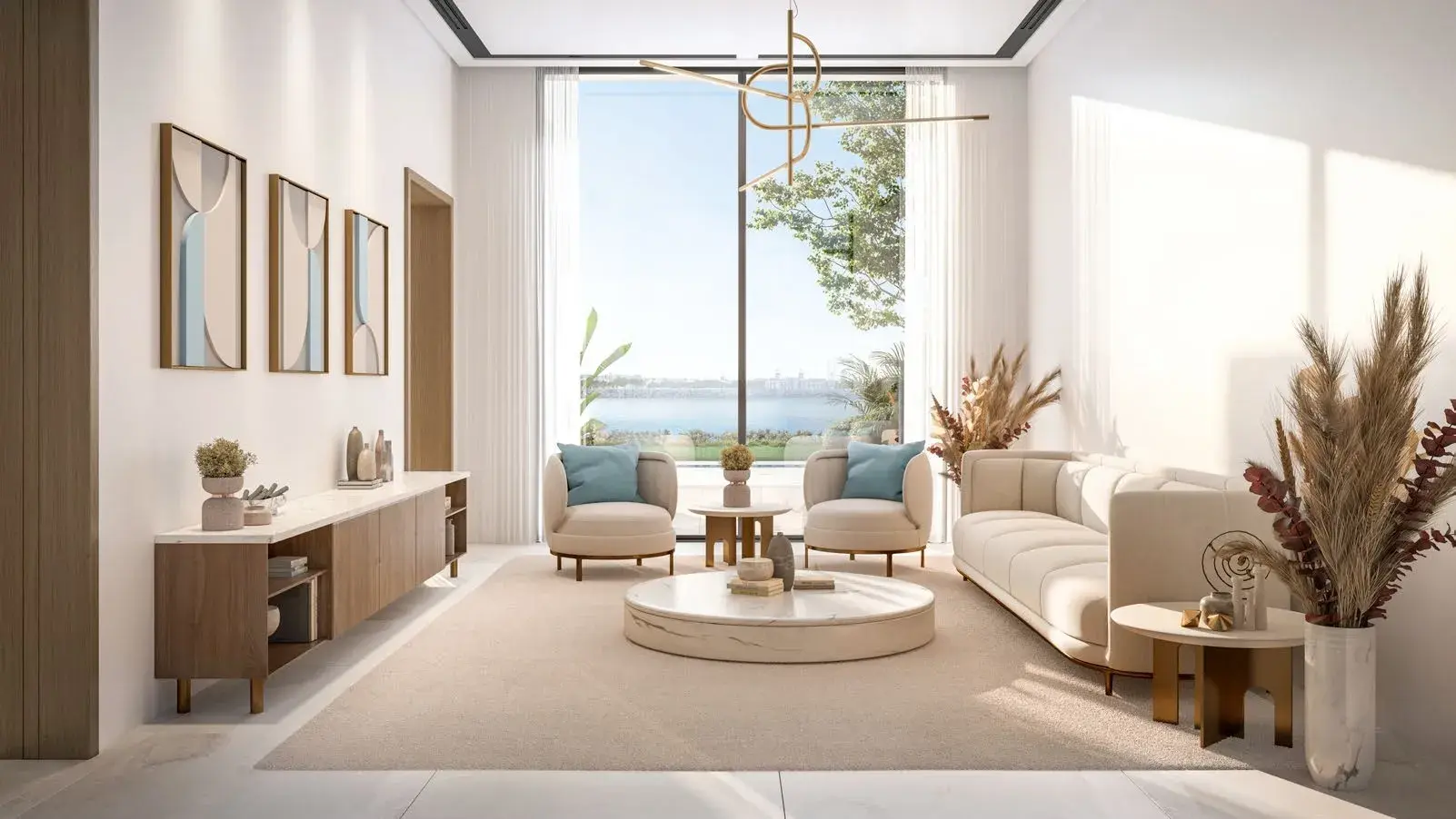 Bashayer villa living room with garden views on Hudayriyat Island, Abu Dhabi by Modon