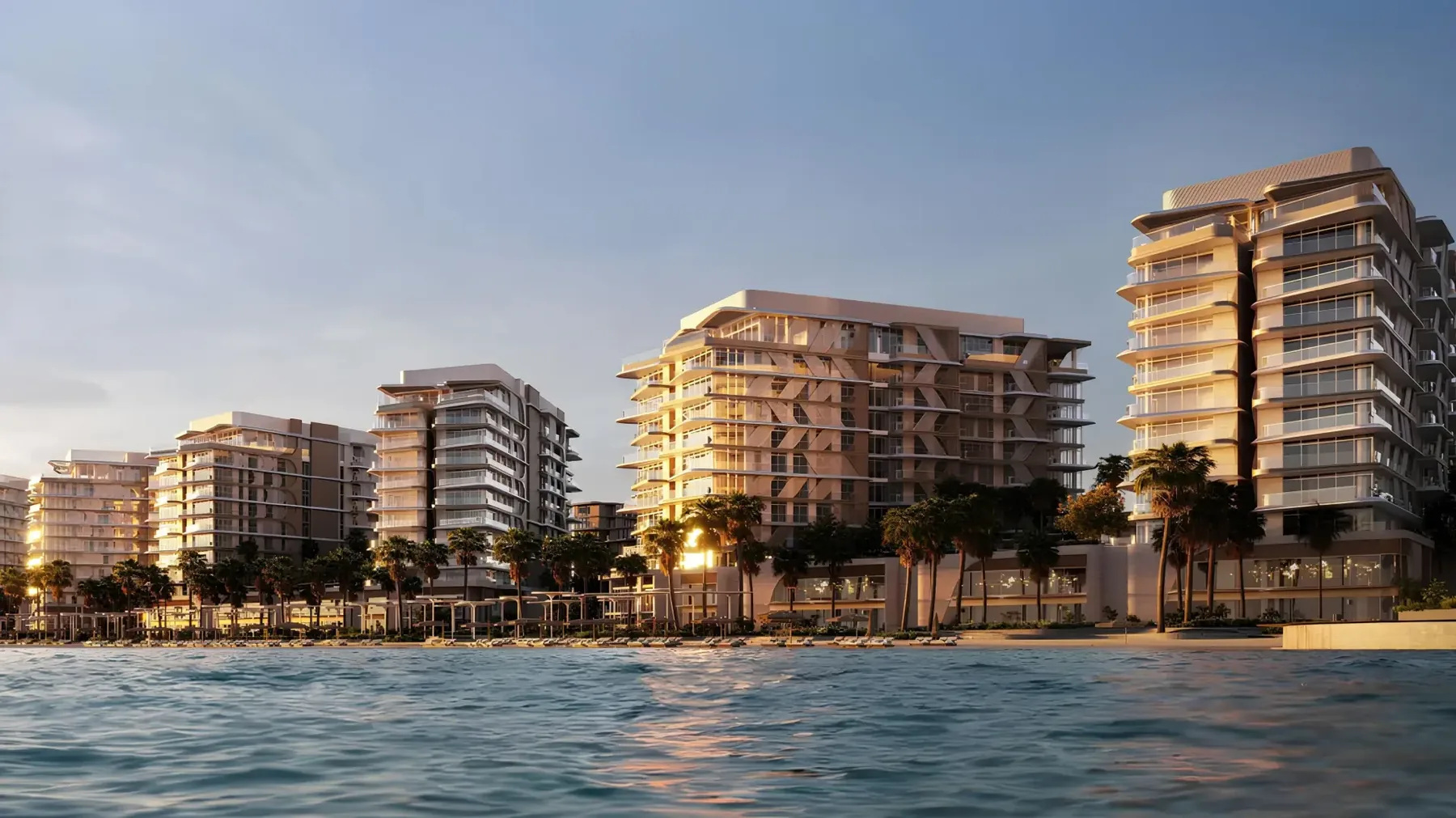 Fahid Beach Residences at golden hour on Fahid Island, Abu Dhabi