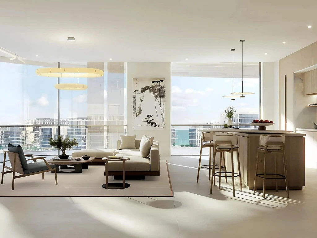 Living room and kitchen interior at a Mamsha Palm residence on Saadiyat Island, Abu Dhabi