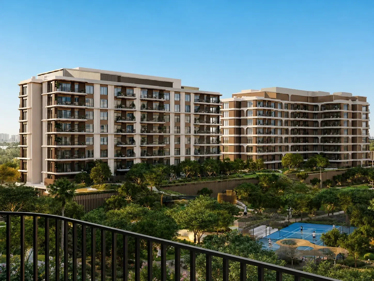 Courtyard balcony view over landscaped park and residences at The Canopies at Yas Point, Yas Island, Abu Dhabi by Aldar