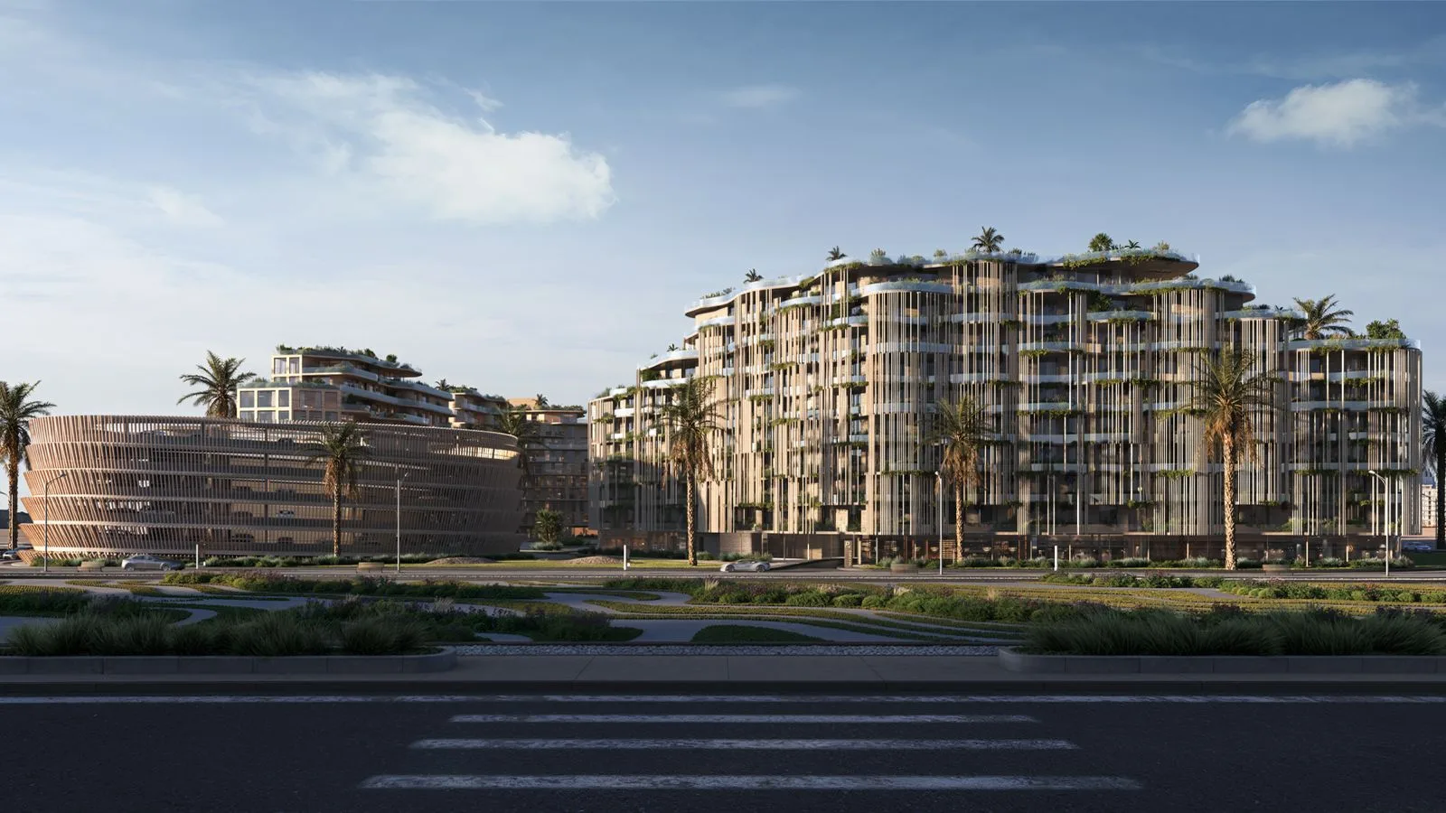 Street-level exterior of The Wadi residential buildings by Reportage Properties on the Yas Canal, Abu Dhabi