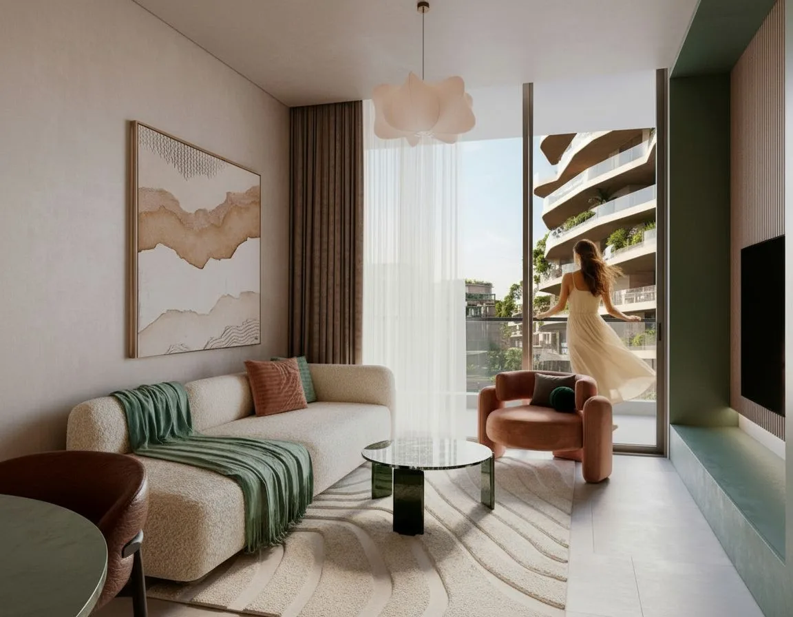 Furnished apartment living space at The Wadi on the Yas Canal in Abu Dhabi, with a balcony beyond