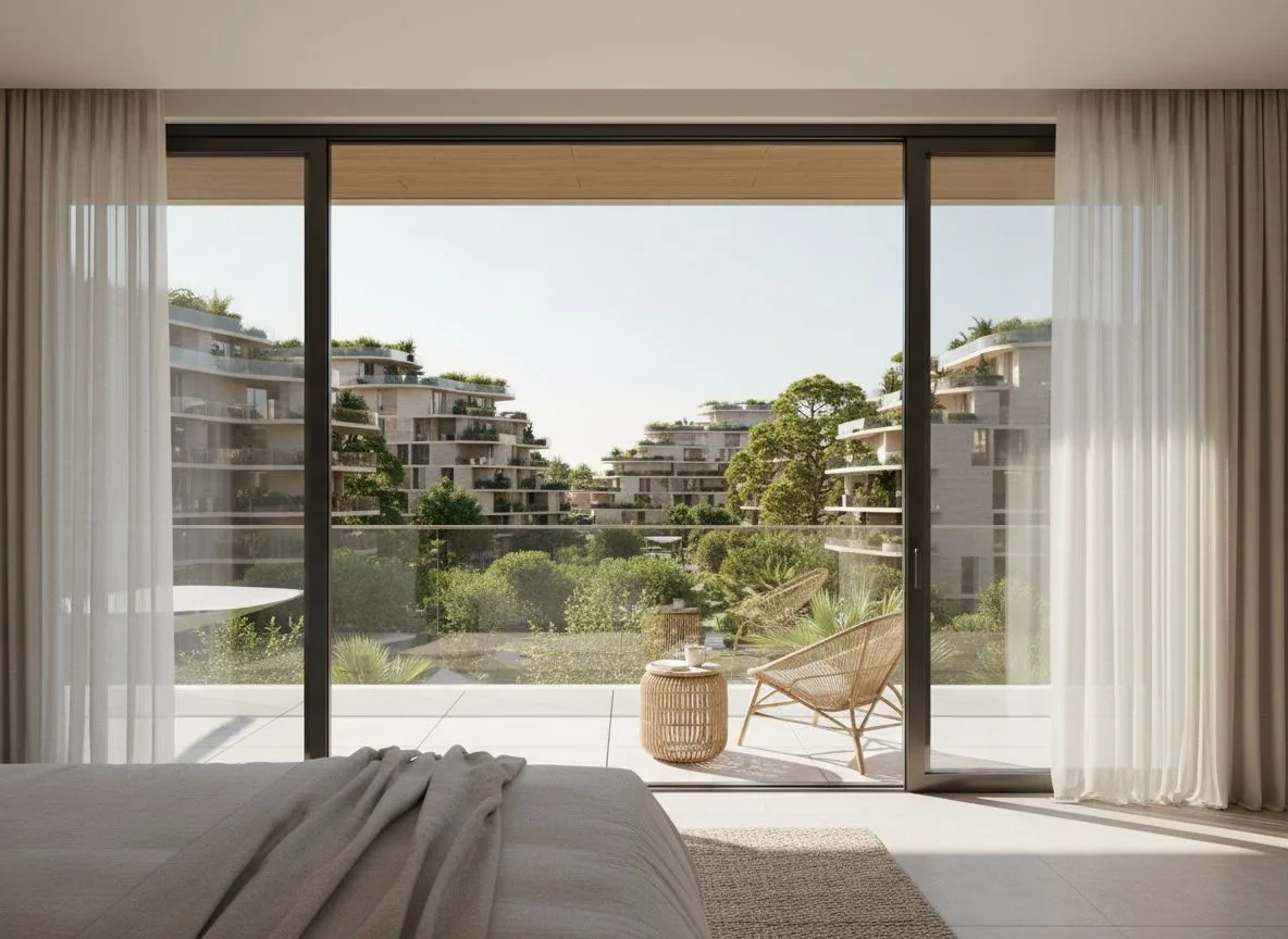 Bedroom at The Wadi on the Yas Canal in Abu Dhabi, looking out to a terrace and neighbouring residences