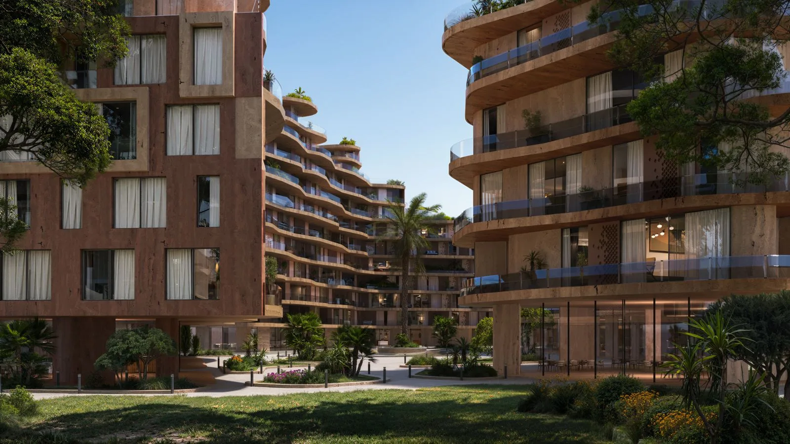 Landscaped courtyard between The Wadi residential buildings on the Yas Canal in Abu Dhabi