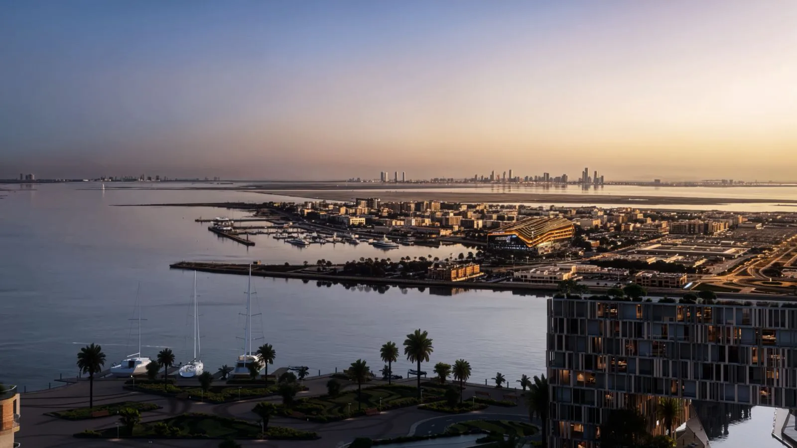 Dusk view from The Wadi on the Yas Canal in Abu Dhabi toward neighbouring waterfront communities