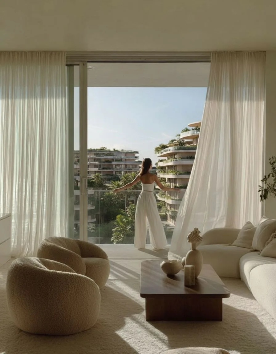 Bright living room interior at The Wadi on the Yas Canal in Abu Dhabi, opening to a balcony