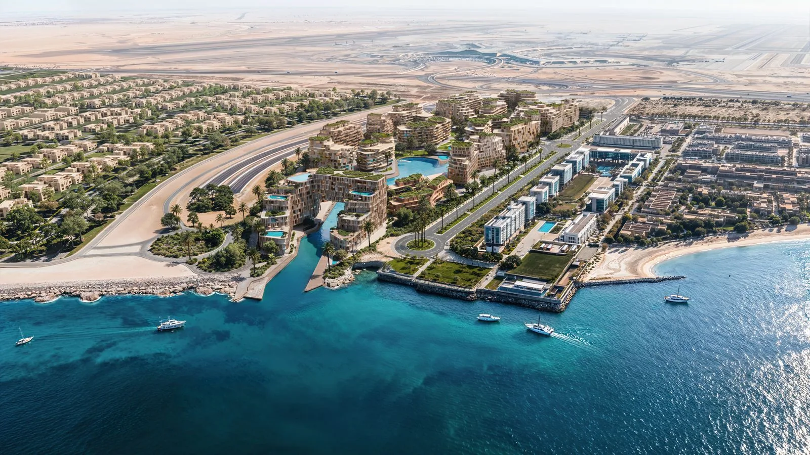 Aerial rendering of The Wadi waterfront buildings on the Yas Canal in Abu Dhabi, looking toward the open Gulf